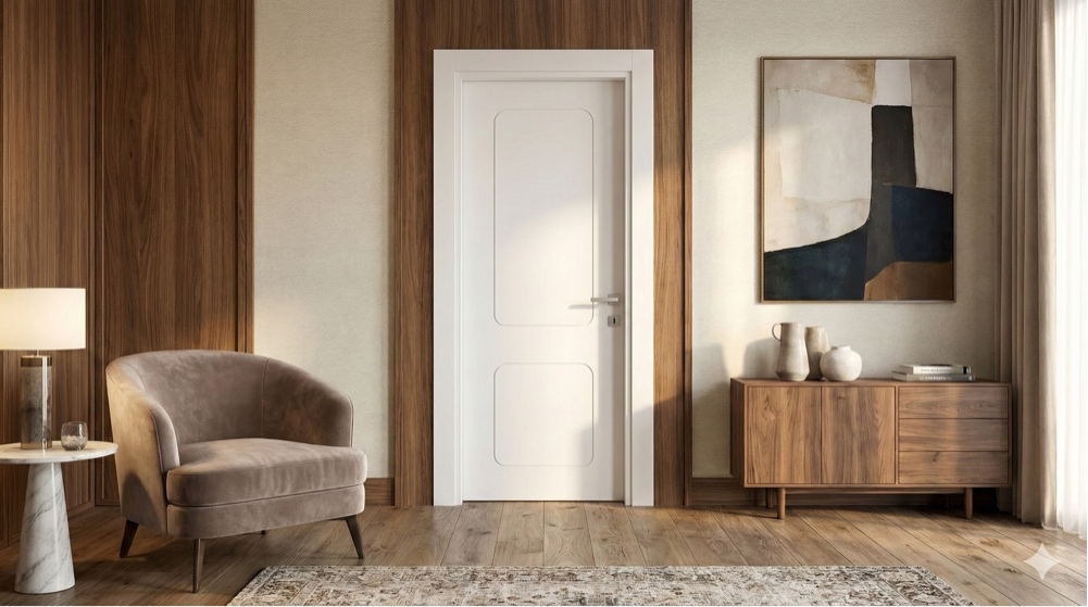 Aura Pearly Door Installed in Warm Modern Room