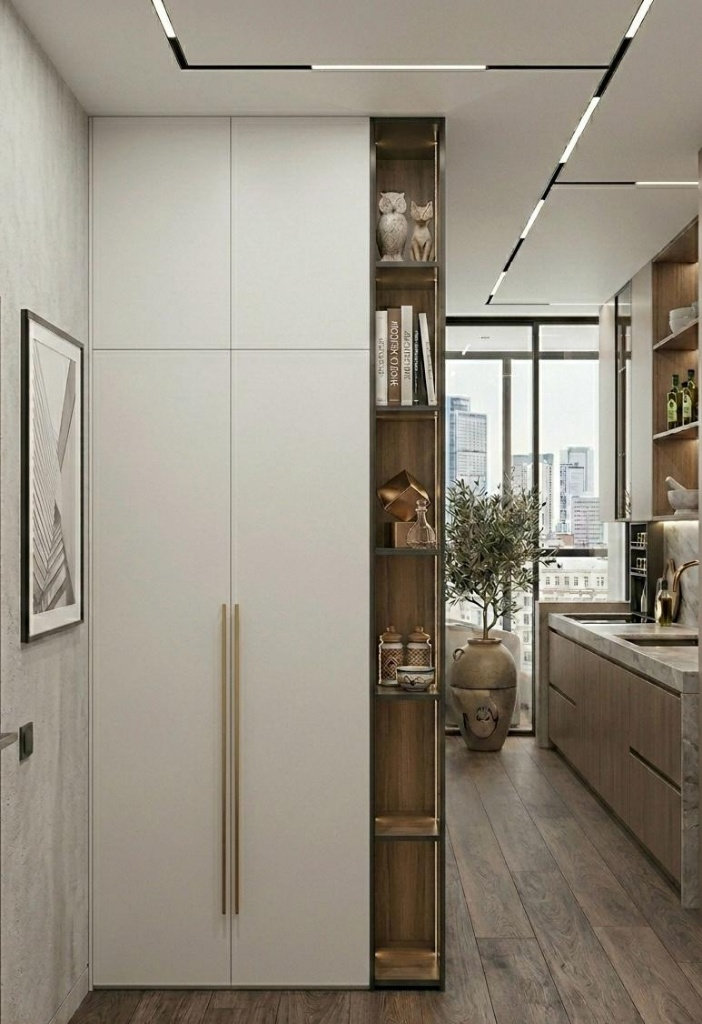Tall Coat Cabinet - Minimalist White with Wood Shelving