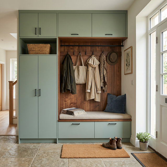 Sage Green Mudroom with Walnut Bench and Panel